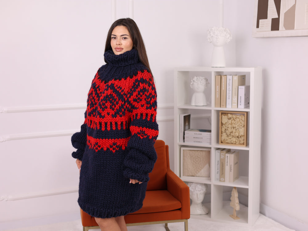Navy Icelandic Wool Sweater, Fair Isle Hand Knitted Turtleneck Jumper T2254