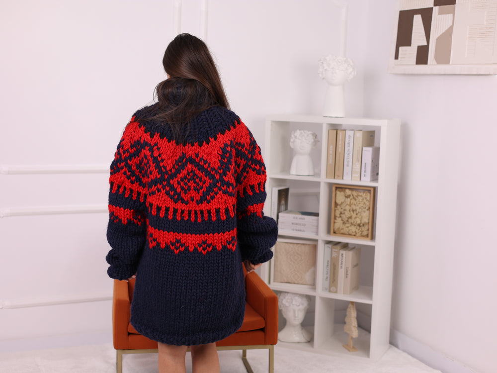 Navy Icelandic Wool Sweater, Fair Isle Hand Knitted Turtleneck Jumper T2254
