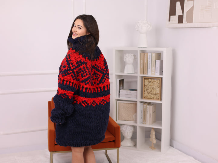 Navy Icelandic Wool Sweater, Fair Isle Hand Knitted Turtleneck Jumper T2254