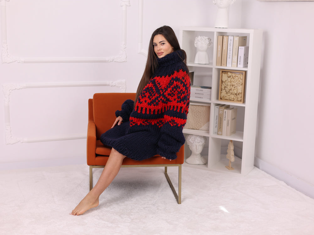 Navy Icelandic Wool Sweater, Fair Isle Hand Knitted Turtleneck Jumper T2254