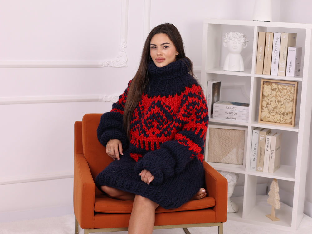 Navy Icelandic Wool Sweater, Fair Isle Hand Knitted Turtleneck Jumper T2254
