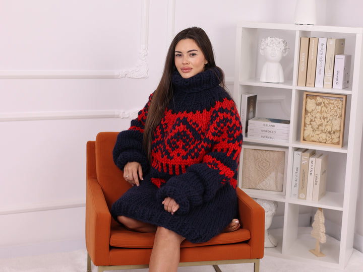 Navy Icelandic Wool Sweater, Fair Isle Hand Knitted Turtleneck Jumper T2254