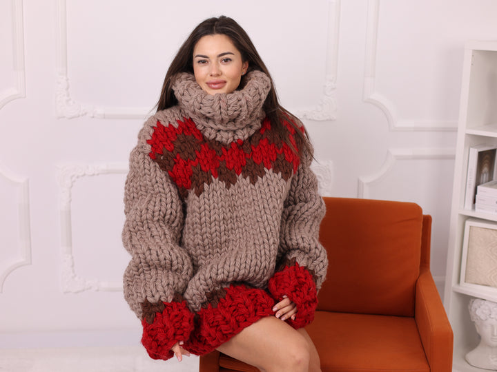 Icelandic Wool Sweater, Extra Chunky Fair Isle Hand Knitted Turtleneck T2253