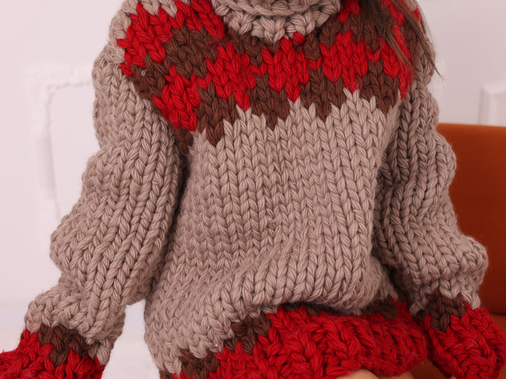 Icelandic Wool Sweater, Extra Chunky Fair Isle Hand Knitted Turtleneck T2253