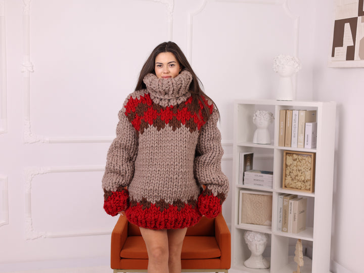 Icelandic Wool Sweater, Extra Chunky Fair Isle Hand Knitted Turtleneck T2253