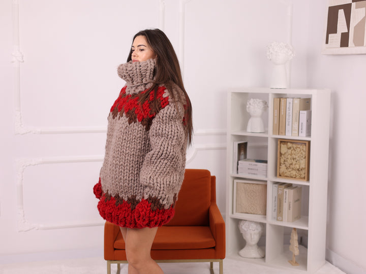 Icelandic Wool Sweater, Extra Chunky Fair Isle Hand Knitted Turtleneck T2253