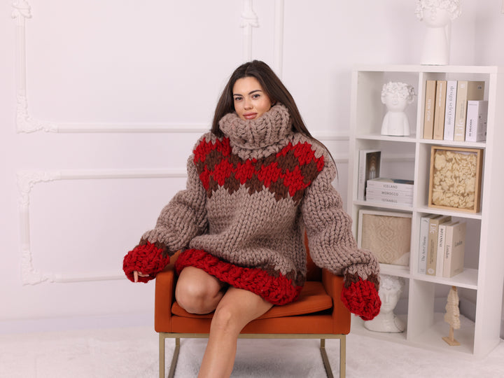 Icelandic Wool Sweater, Extra Chunky Fair Isle Hand Knitted Turtleneck T2253