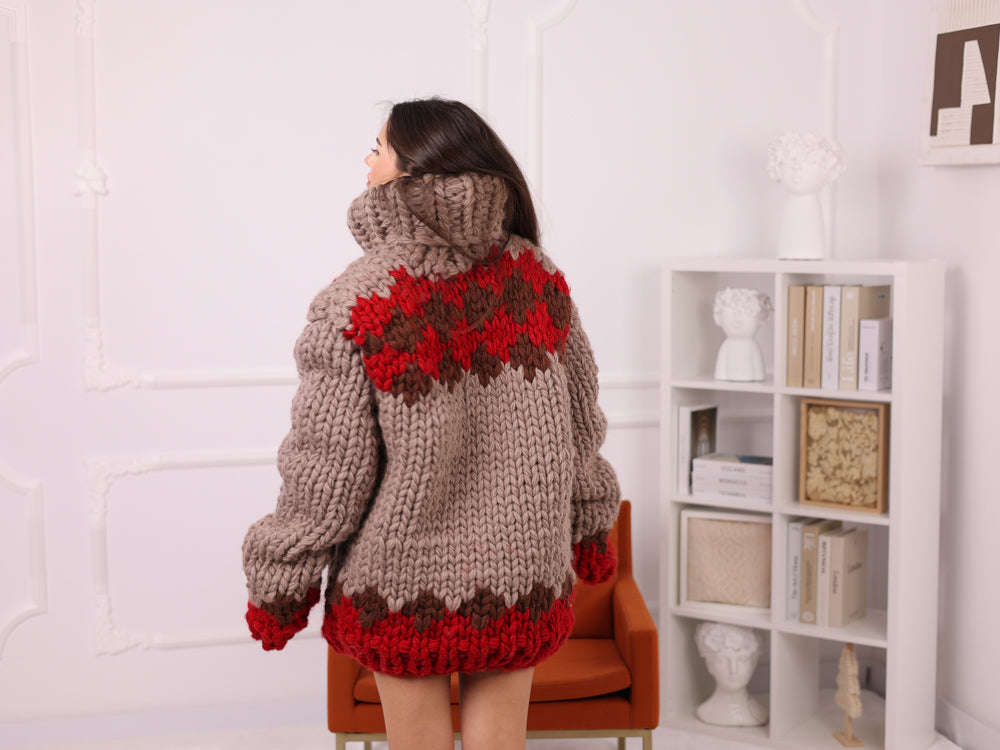 Icelandic Wool Sweater, Extra Chunky Fair Isle Hand Knitted Turtleneck T2253