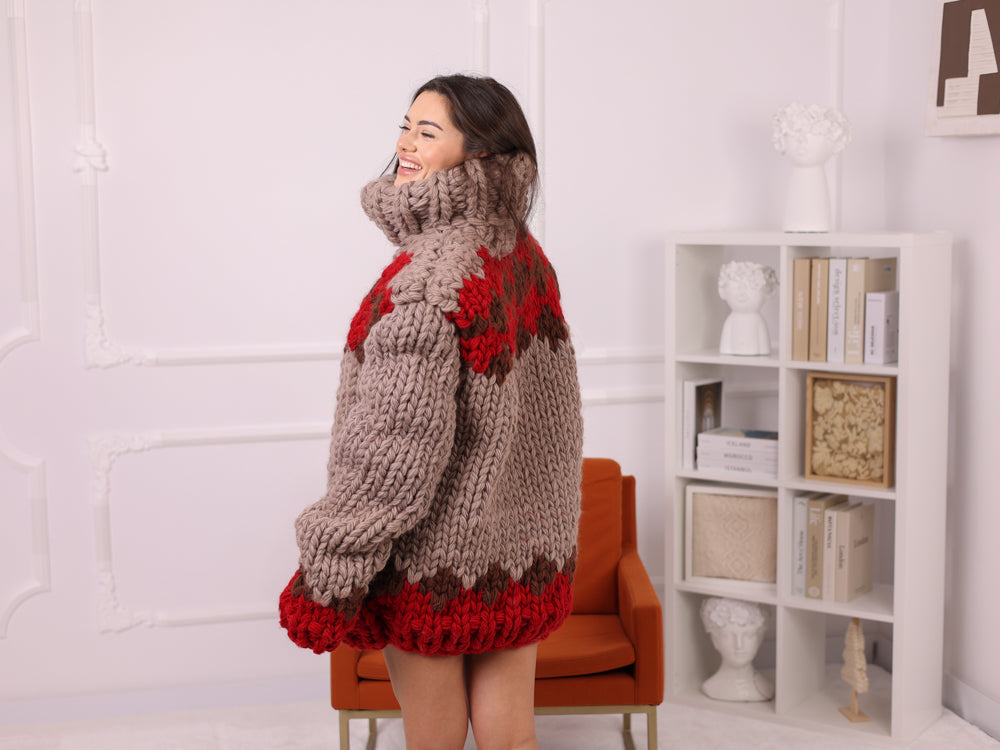 Icelandic Wool Sweater, Extra Chunky Fair Isle Hand Knitted Turtleneck T2253