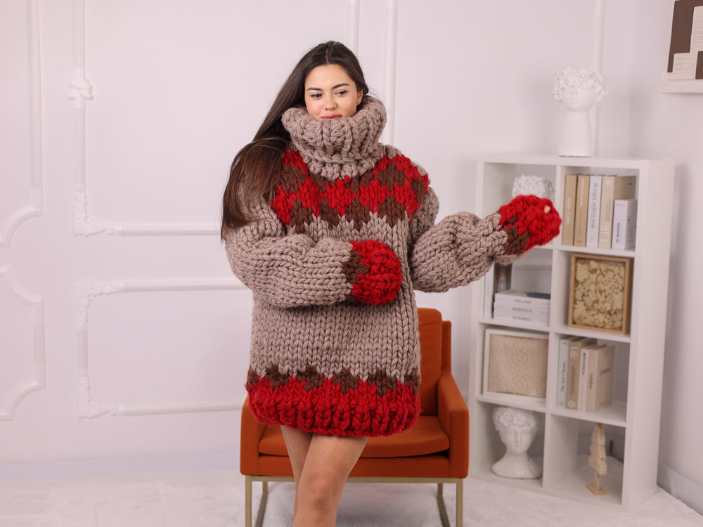 Icelandic Wool Sweater, Extra Chunky Fair Isle Hand Knitted Turtleneck T2253