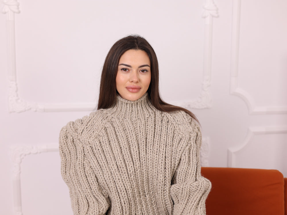 Itchy Wool Sweater, Beige Ribbed Mockneck Hand Knitted Oversized Pullover T2252