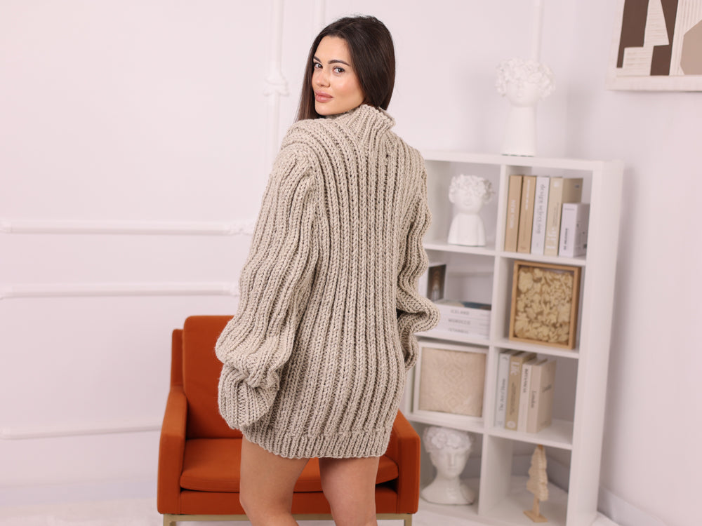 Itchy Wool Sweater, Beige Ribbed Mockneck Hand Knitted Oversized Pullover T2252
