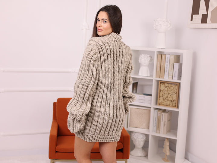 Itchy Wool Sweater, Beige Ribbed Mockneck Hand Knitted Oversized Pullover T2252