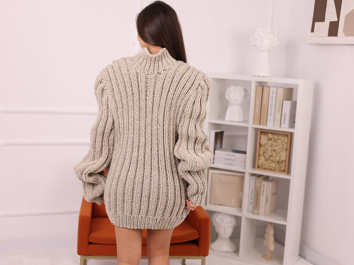 Itchy Wool Sweater, Beige Ribbed Mockneck Hand Knitted Oversized Pullover T2252