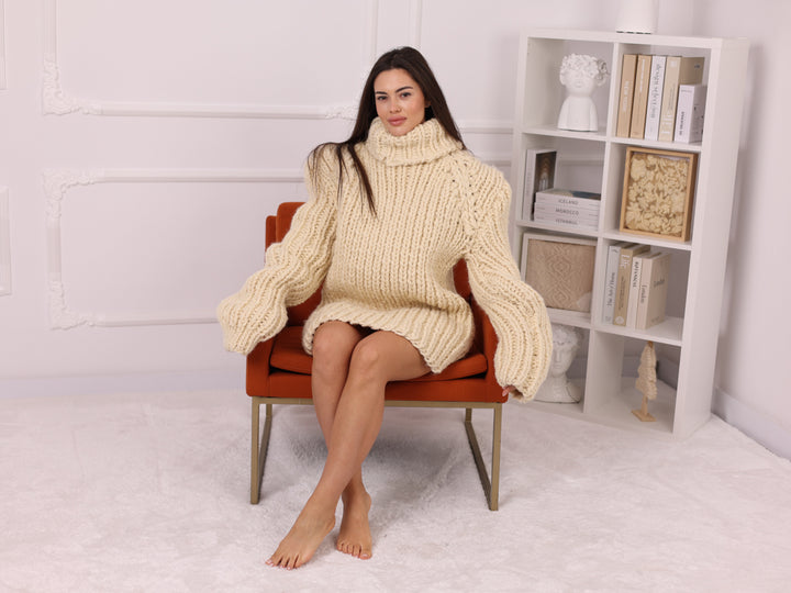 Cream Wool Turtleneck Sweater, Ribbed Hand Knitted Oversized Pullover T2251