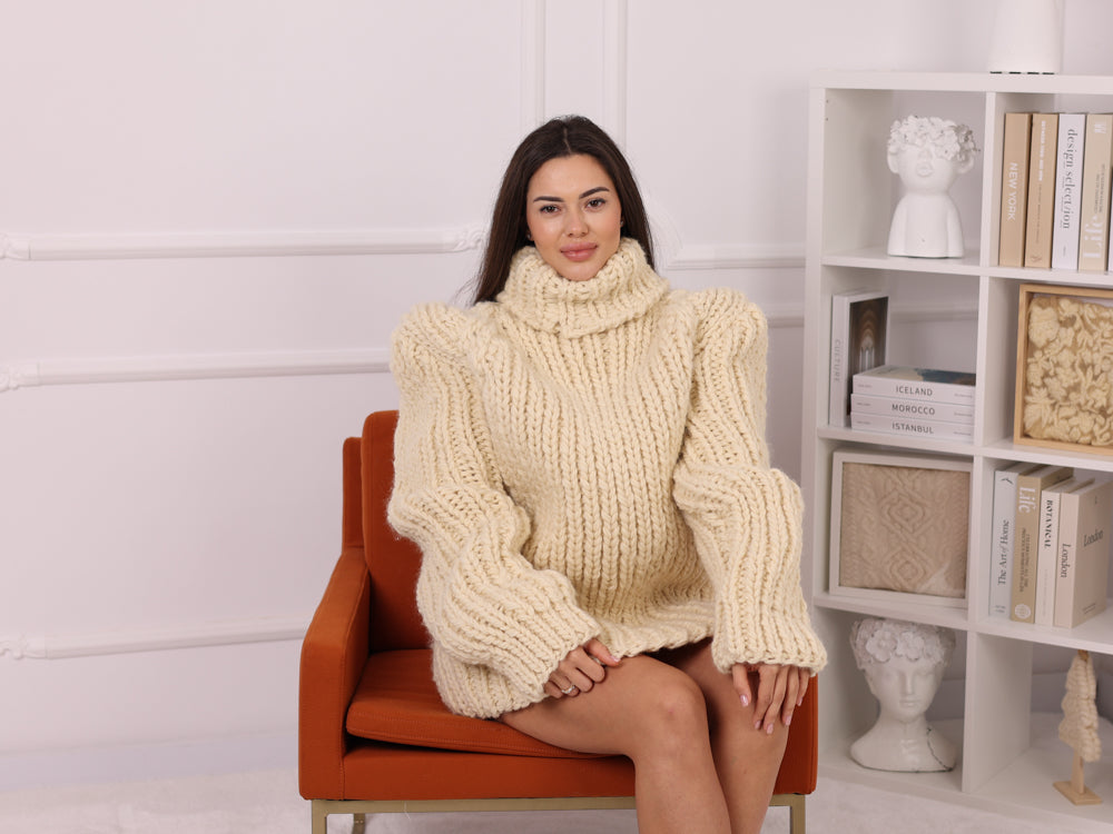 Cream Wool Turtleneck Sweater, Ribbed Hand Knitted Oversized Pullover T2251