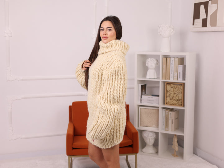 Cream Wool Turtleneck Sweater, Ribbed Hand Knitted Oversized Pullover T2251