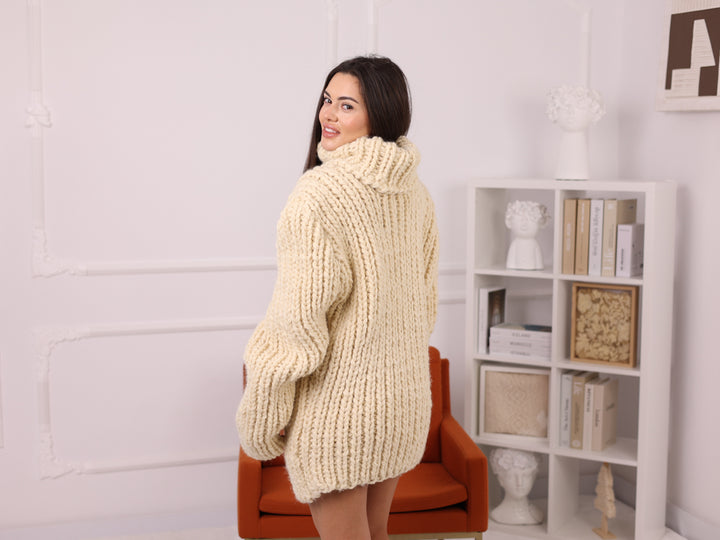 Cream Wool Turtleneck Sweater, Ribbed Hand Knitted Oversized Pullover T2251