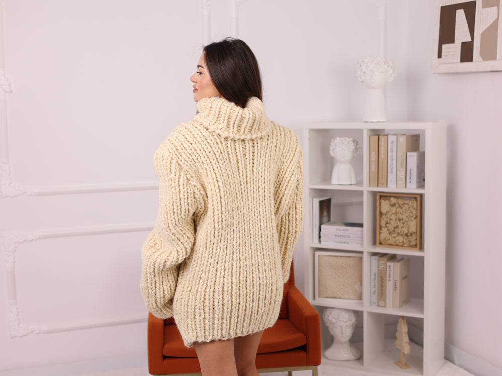 Cream Wool Turtleneck Sweater, Ribbed Hand Knitted Oversized Pullover T2251