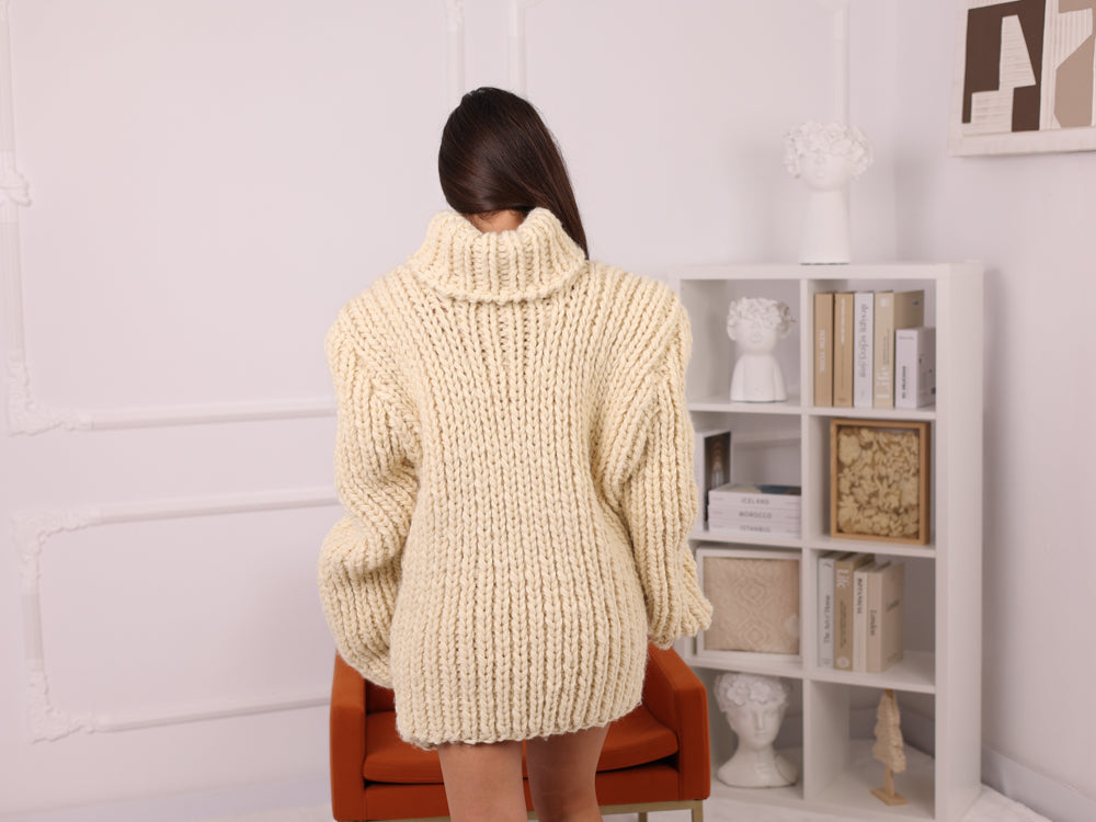 Cream Wool Turtleneck Sweater, Ribbed Hand Knitted Oversized Pullover T2251