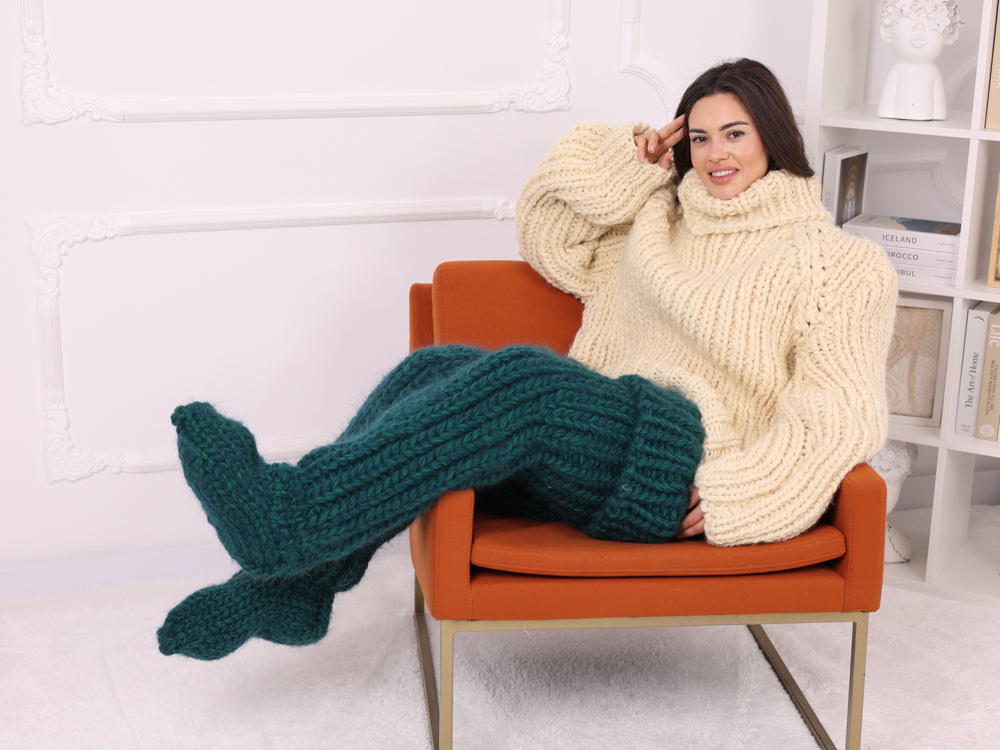 Mohair Wool Thigh High Socks, Chunky Knit Boot Socks, Green T2257