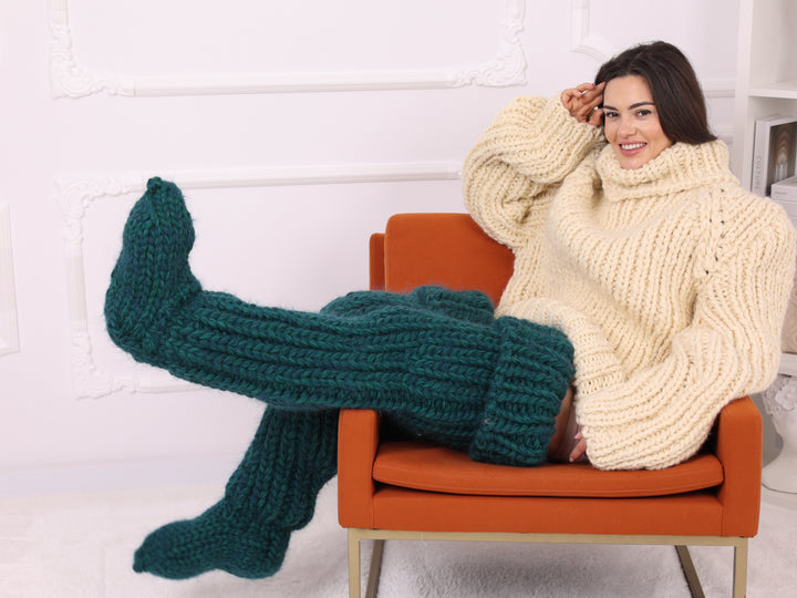 Mohair Wool Thigh High Socks, Chunky Knit Boot Socks, Green T2257