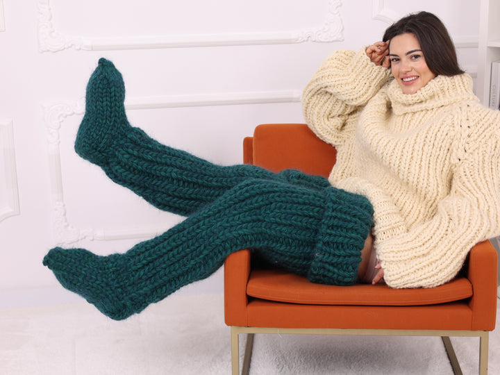 Mohair Wool Thigh High Socks, Chunky Knit Boot Socks, Green T2257