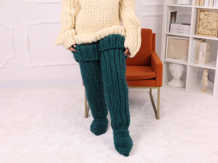 Mohair Wool Thigh High Socks, Chunky Knit Boot Socks, Green T2257