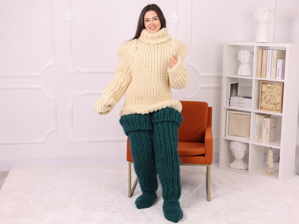 Mohair Wool Thigh High Socks, Chunky Knit Boot Socks, Green T2257
