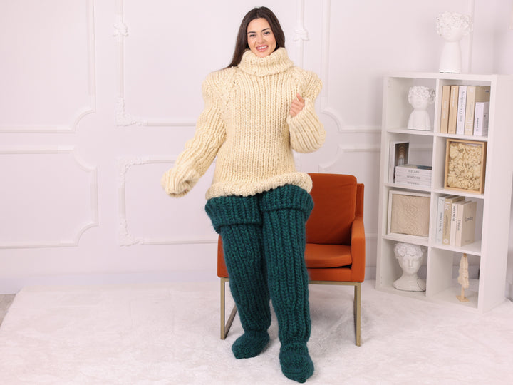 Mohair Wool Thigh High Socks, Chunky Knit Boot Socks, Green T2257