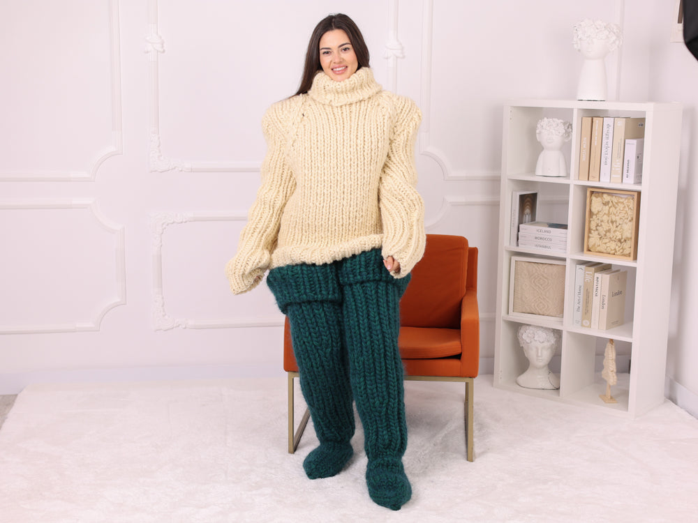 Mohair Wool Thigh High Socks, Chunky Knit Boot Socks, Green T2257