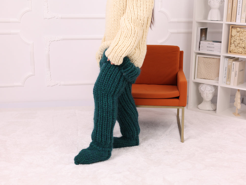 Mohair Wool Thigh High Socks, Chunky Knit Boot Socks, Green T2257