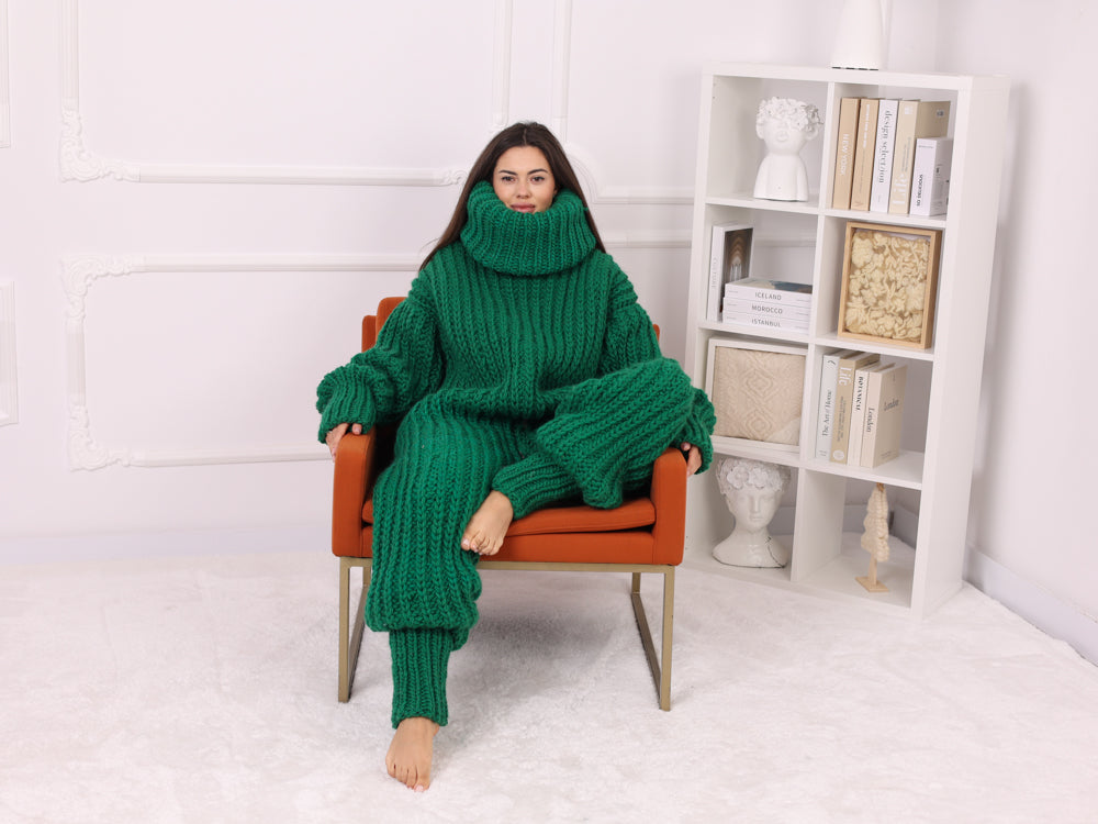 Hand Knitted Green Wool Catsuit, Oversized Ribbed Turtleneck Jumpsuit T2255