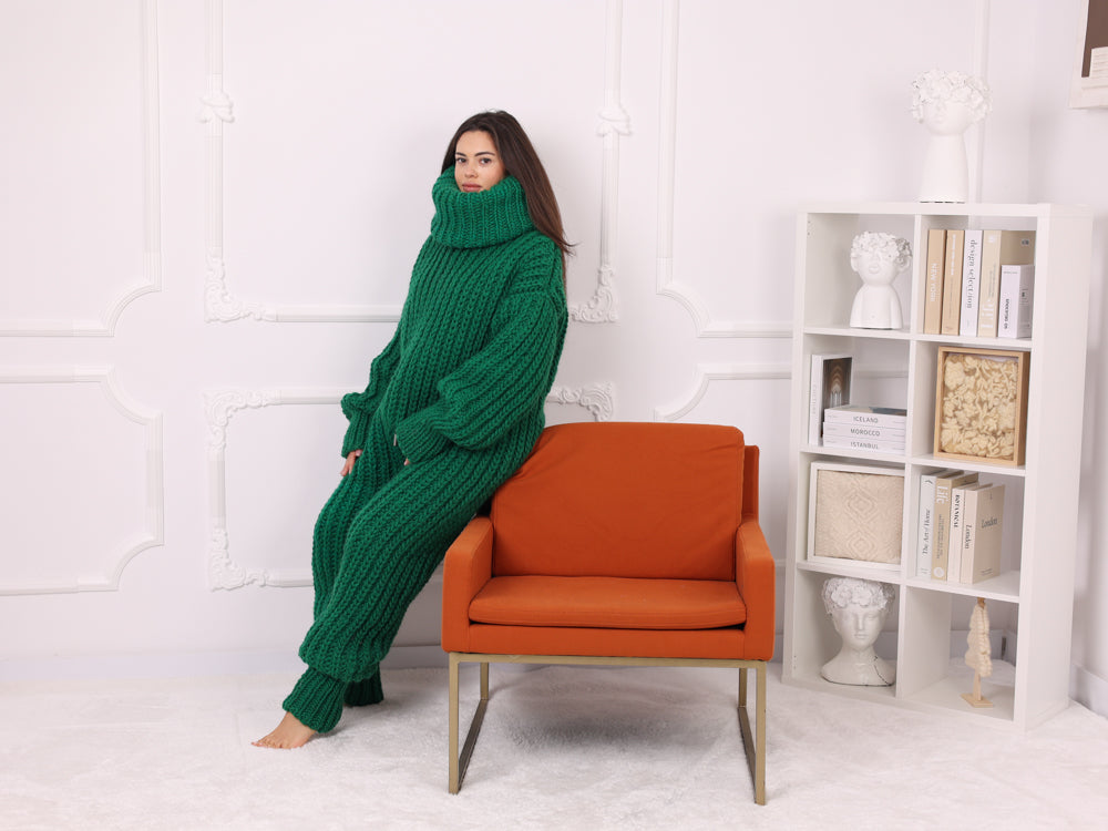 Hand Knitted Green Wool Catsuit, Oversized Ribbed Turtleneck Jumpsuit T2255