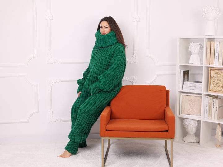 Hand Knitted Green Wool Catsuit, Oversized Ribbed Turtleneck Jumpsuit T2255