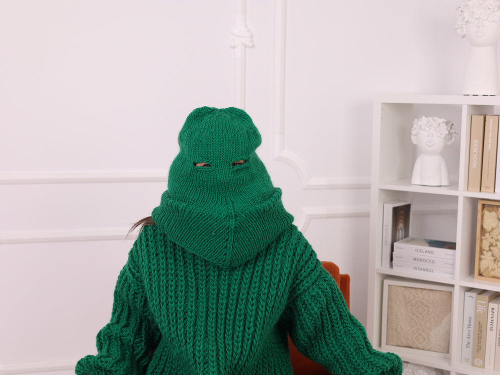 Green Ribbed Knit Wool Balaclava, Full Head Mask, Oversized Neck Warmer T2256