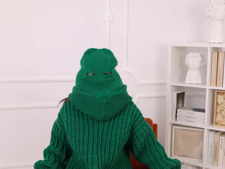 Green Ribbed Knit Wool Balaclava, Full Head Mask, Oversized Neck Warmer T2256