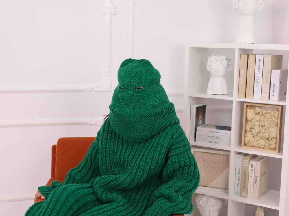 Green Ribbed Knit Wool Balaclava, Full Head Mask, Oversized Neck Warmer T2256