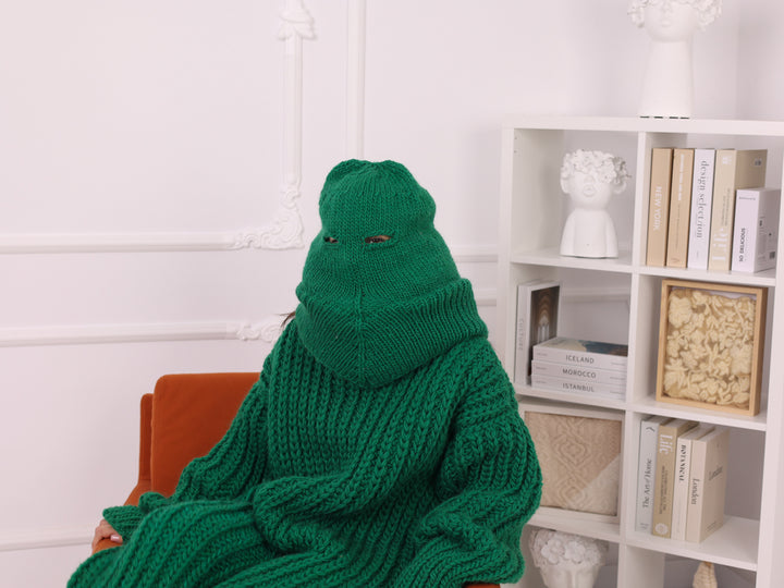 Green Ribbed Knit Wool Balaclava, Full Head Mask, Oversized Neck Warmer T2256