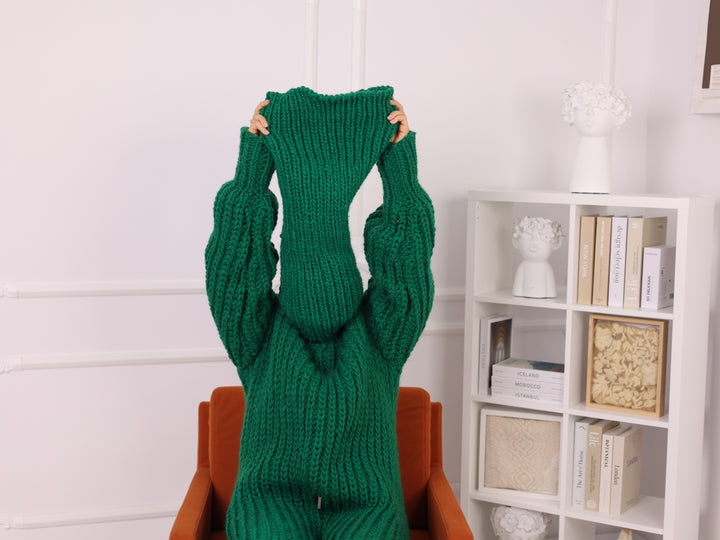 Hand Knitted Green Wool Catsuit, Oversized Ribbed Turtleneck Jumpsuit T2255