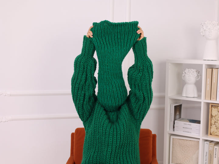 Hand Knitted Green Wool Catsuit, Oversized Ribbed Turtleneck Jumpsuit T2255