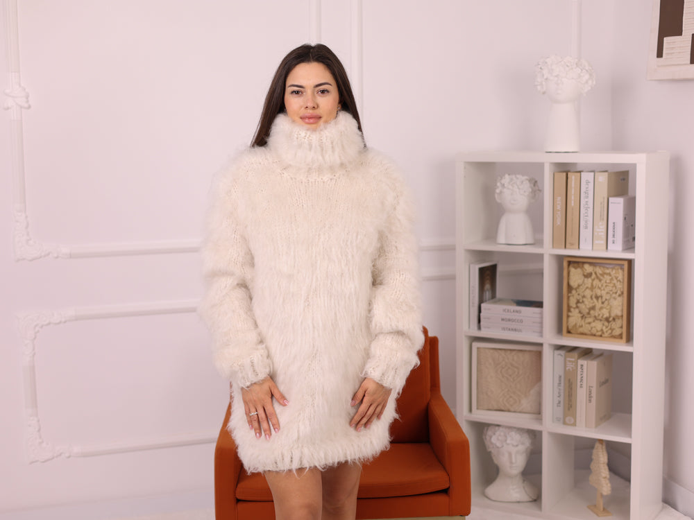 Very Hairy Alpaca Sweater Dress Cream, Hairy Knit Tunic, Oversized Turtleneck T2258