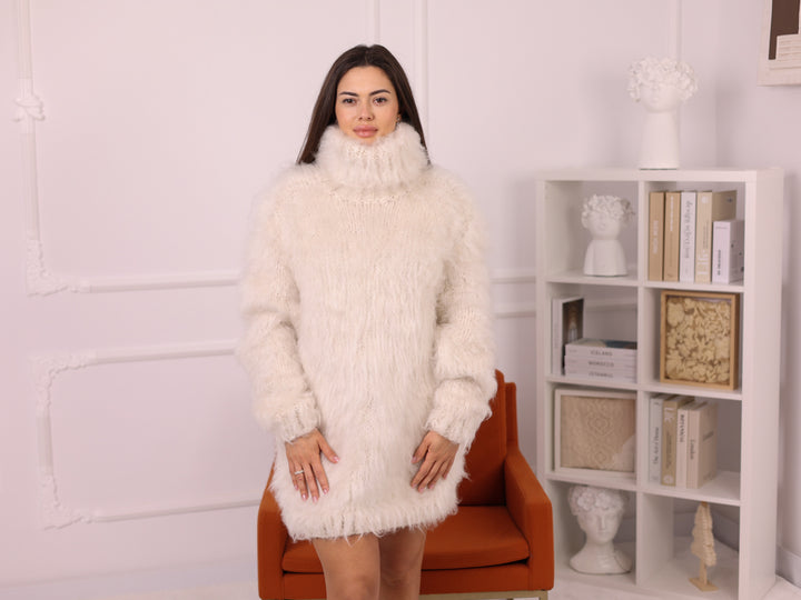 Very Hairy Alpaca Sweater Dress Cream, Hairy Knit Tunic, Oversized Turtleneck T2258