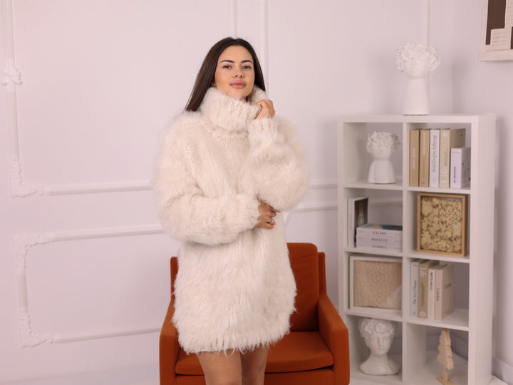 Very Hairy Alpaca Sweater Dress Cream, Hairy Knit Tunic, Oversized Turtleneck T2258