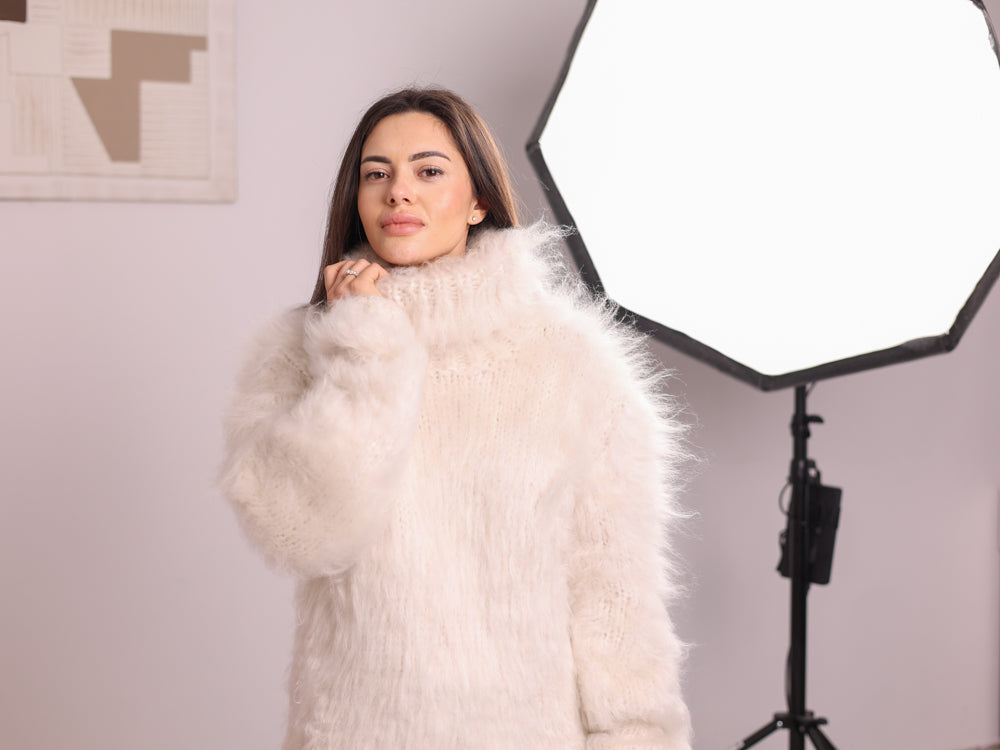 Very Hairy Alpaca Sweater Dress Cream, Hairy Knit Tunic, Oversized Turtleneck T2258