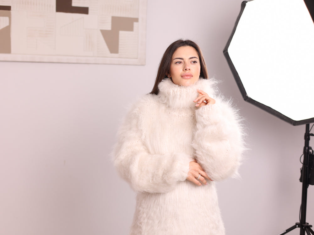 Very Hairy Alpaca Sweater Dress Cream, Hairy Knit Tunic, Oversized Turtleneck T2258