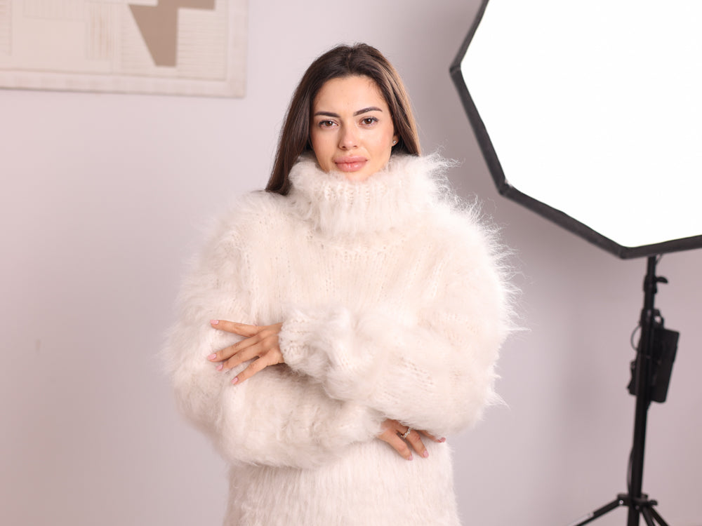 Very Hairy Alpaca Sweater Dress Cream, Hairy Knit Tunic, Oversized Turtleneck T2258