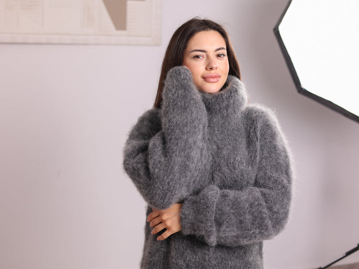 Alpaca Sweater Dress Gray, Brushed Knit, Hairy Texture, Oversized Fit T2260
