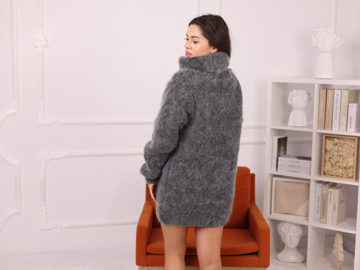 Alpaca Sweater Dress Gray, Brushed Knit, Hairy Texture, Oversized Fit T2260