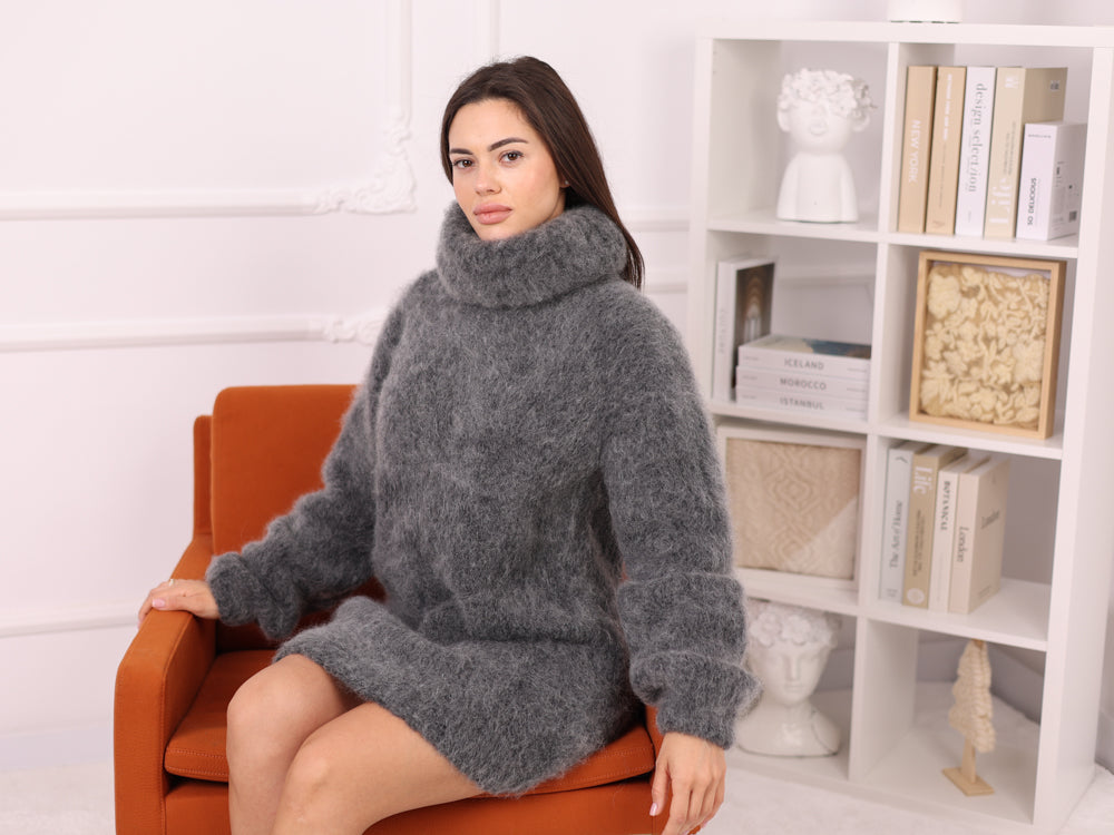 Alpaca Sweater Dress Gray, Brushed Knit, Hairy Texture, Oversized Fit T2260